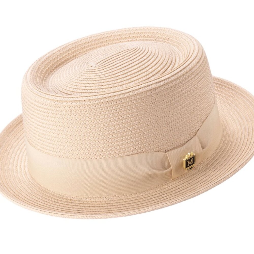 Montique Men’s Solid BEIGE Straw Pork Pie Hat.  H95